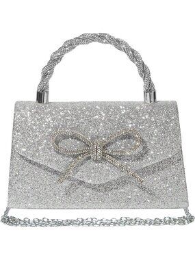 Women's Silver Sparkly Bow Rhinestone Clutch Purse Wedding Evening Bag